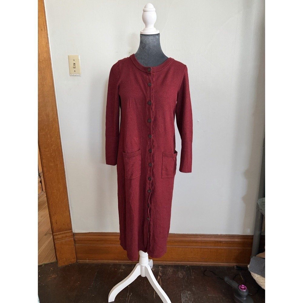 peruvian connection MIDI Long Burgundy Cardigan Sweater Dress. Minimalist Modest